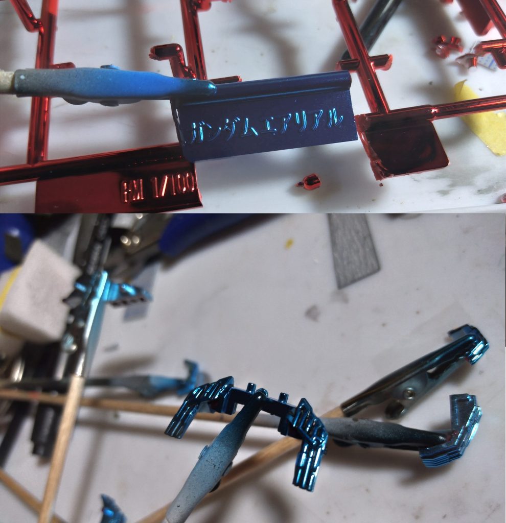 ランナーで実験しつつ。いいんでは?隙間にエナメル黒を流し込み。さてこれを光らせないとけないわけで、蛍光塗料とUVライトも購入。初挑戦。