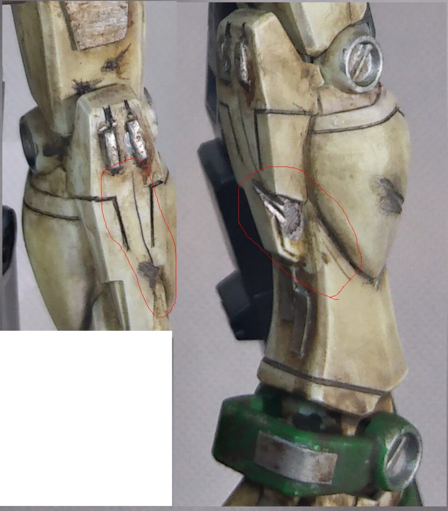 スミ入れに使ったタミヤエナメルが色んな所にしみこんでバッキバキに割れたり、ぼろっと剥がれる。さらに関節が腰部分と左ひざが全部ボッキリ折れる。たぶん内部の空洞にどばどばエナメルが入って揮発して色んな所を侵食した。関節をボンドで固定したりしたので関節が動かしづらいブツに仕上がった。