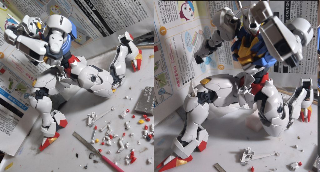 飛べるッ踊れるッ、エアリアル↑。は伊達じゃない。稼働域広すぎてなんかこう……もはや人間的過ぎて気持ちわるくない?。この子関節どうなってんの。二重に動くぞ…!?めちゃくちゃ動くのでめちゃくちゃアクションフィギュアとして遊んでしまった。仮組とゲート処理だけの作業なのに、この時点でアニメはもう10話近く消化しちゃってるよミオリネさん。 そんな訳でいじくりながら塗装の色どうしようかな?と思いながらアニメ見てると、主人公機のエアリアルくんが青く発光しだしましてね。パーメットスコア6?エアリアルくんは、青く光るとつおいの?…ほーん?……やっちゃう?