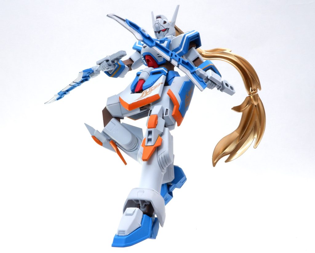 旧衣装の中華風のデザインと新衣装の爽やかなカラーリングを合わせてみました。画像の通り弓は双剣に分解可能で、遠近両方に対応することができます。