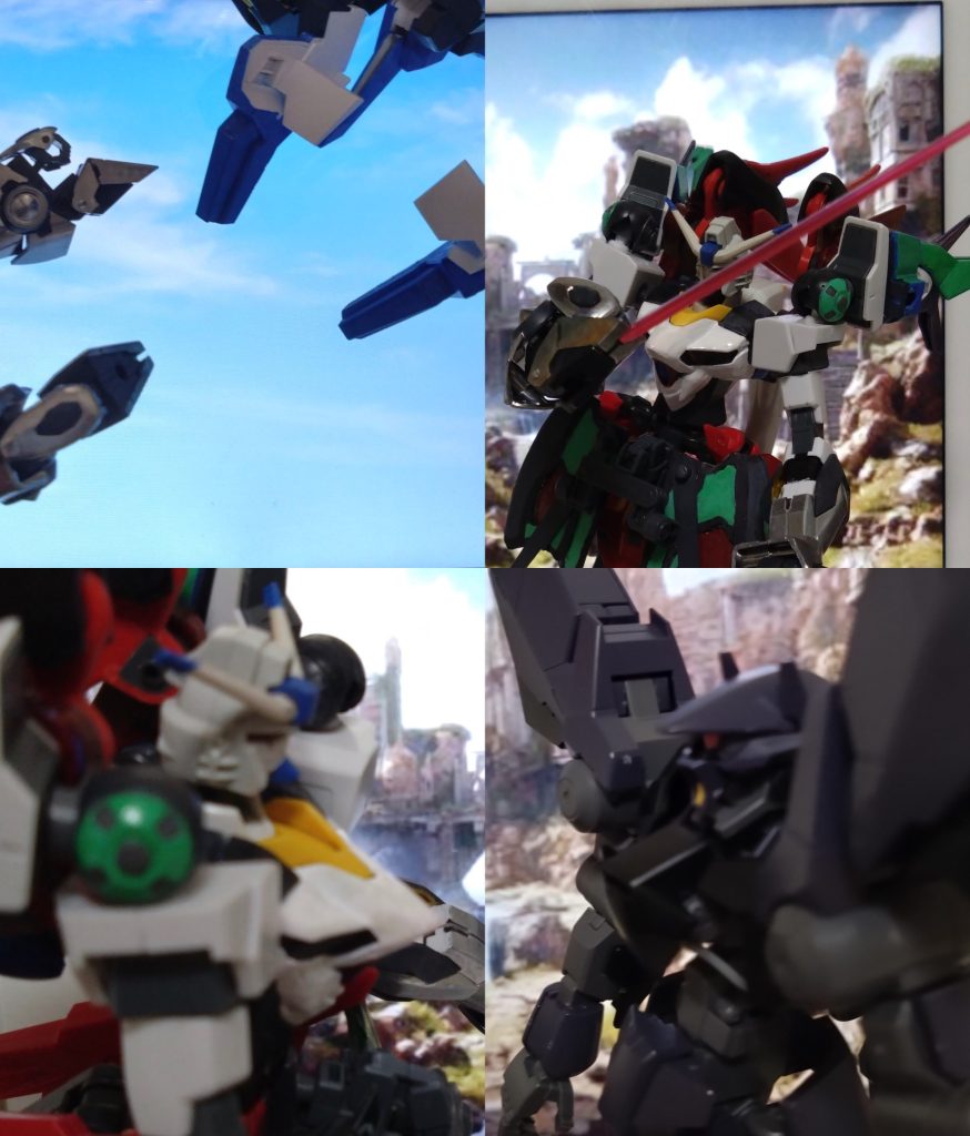 グレイズアインと同じく、突如として現れたのはX(クロス)が駆る自由のMSガンダムリベロ。グレイズアインと一対一の戦いをする雰囲気の中、リベロの上空を浮遊するイクシードアーマーから2つのアーマーが射出。射出された銀色のアーマーはリベロの両腕に装着すると、その腕からビームサーベルが出現。対するグレイズアインも大型アックスを構える。 「やはり、『マルチバース』が発生しているか」「ガンダム・フレームの機体と言えども、完全な阿頼耶識の姿の私には、敵ではない!」「確かに、このガンダムにも阿頼耶識があるが…分かるモノなのか?さすが、完全なる阿頼耶識だな」 2人はとうとう対決。互いに武器を振るう2機のMS。ザクのコックピットから戦いを見守るニノはX(クロス)のリベロの戦いに注目。グレイズアインと互角に渡り合える彼の姿に心を奪われていた。そして……