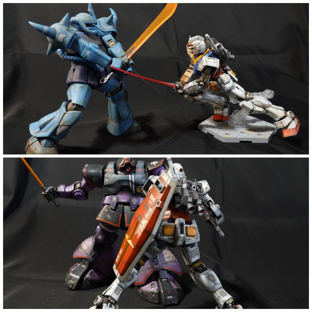 ランバラルとの戦い&黒い三連星との戦い。グフも簡単フィニッシュです。ちょっと汚しすぎかな。ドムはリックドムで黒い三連星仕様でもないのですがイメージと言うことで。ガンダムのシールドも半分になっていませんがご愛嬌。