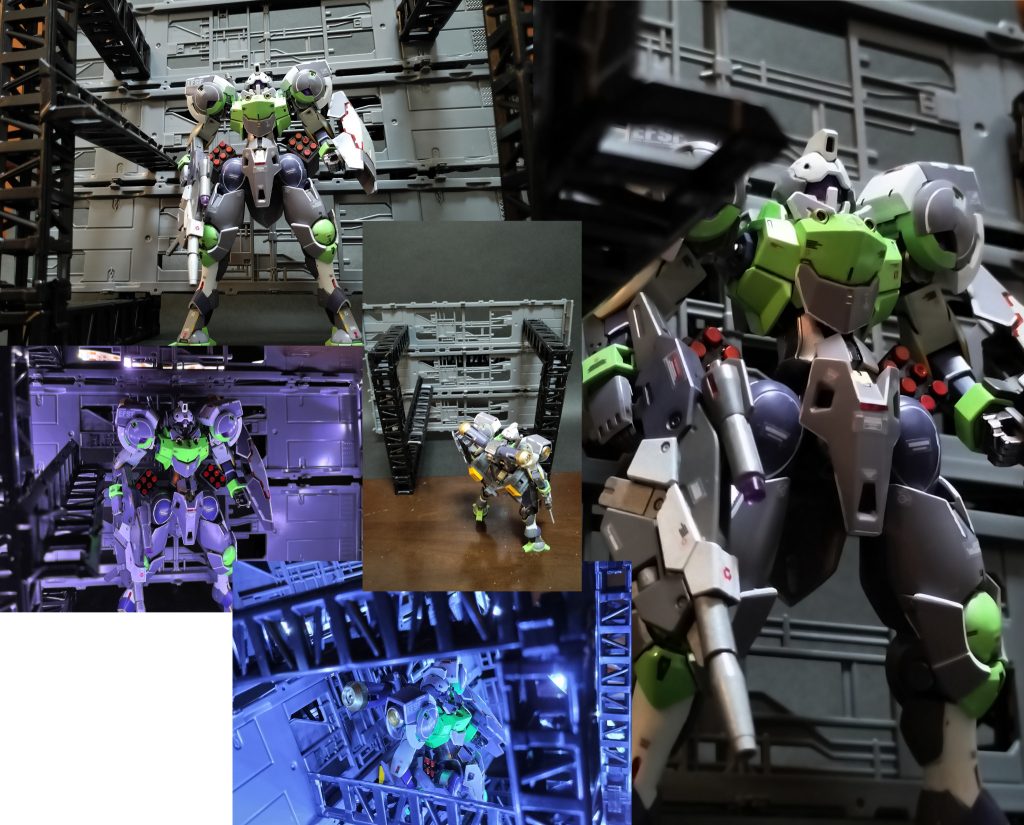 14. テーマは極力成型色を活かした部分塗装のお手軽製作と、100円ショップのプチブロックで着脱可能ミサイルポッドを足すことと、100円ショップの貨物台車ｘ３とトラスセットを用いた格納庫撮影をすることでした。