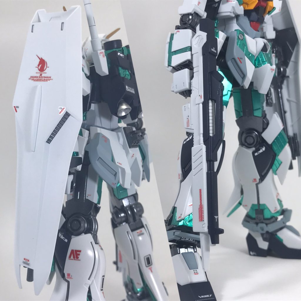 ビームライフルやシールドの武装面は実験機らしくνガンダムから流用。シールドにはユニコーンの系譜を示すエンブレムを貼ってみました。