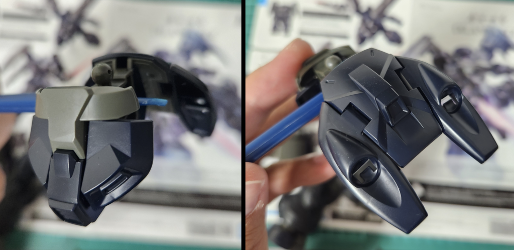 腰部前面はシンプルですが、背面は、スラスタが動かせるようになっていたり、別部品で裏打ちされていたり、よりこだわりを感じます。