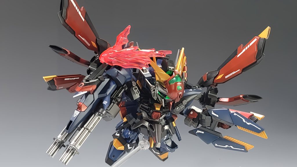 アクションポーズフェニックスガンダムの最大の特徴のメガビームキャノンユニットは可動域の多いアームを接続しているのでかなり自由に動きます