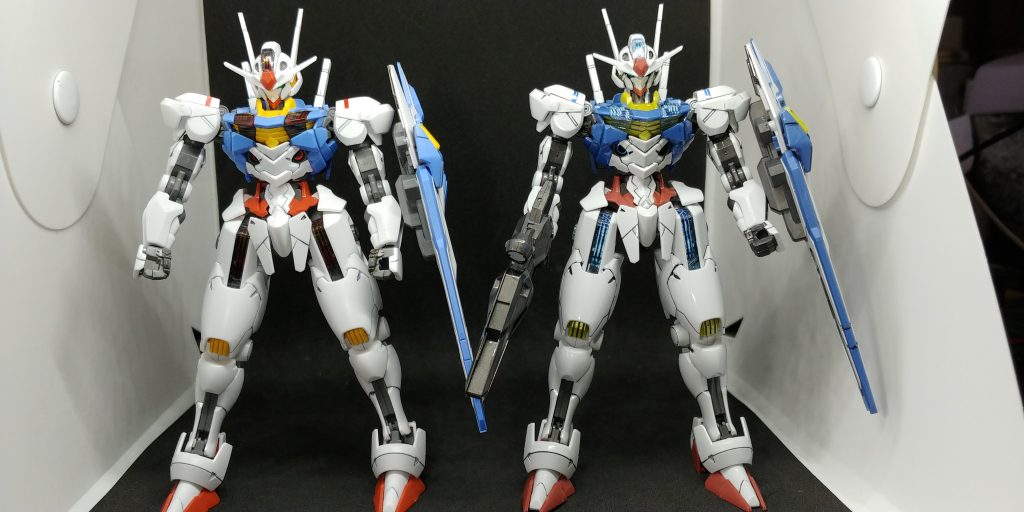 ガンプラにはまるキッカケとなった初ガンプラで今年2月投稿のエアリアルと共にトップコートはしてませんが、同じスミ入れ、部分塗装のみ光沢による見た目の違いは有りますが、初めての頃に比べると多少は良くなってるのを感じます。あっ、スミ入れの下手さはあんま変わらないか  マーキングシール付属してるの忘れてました。