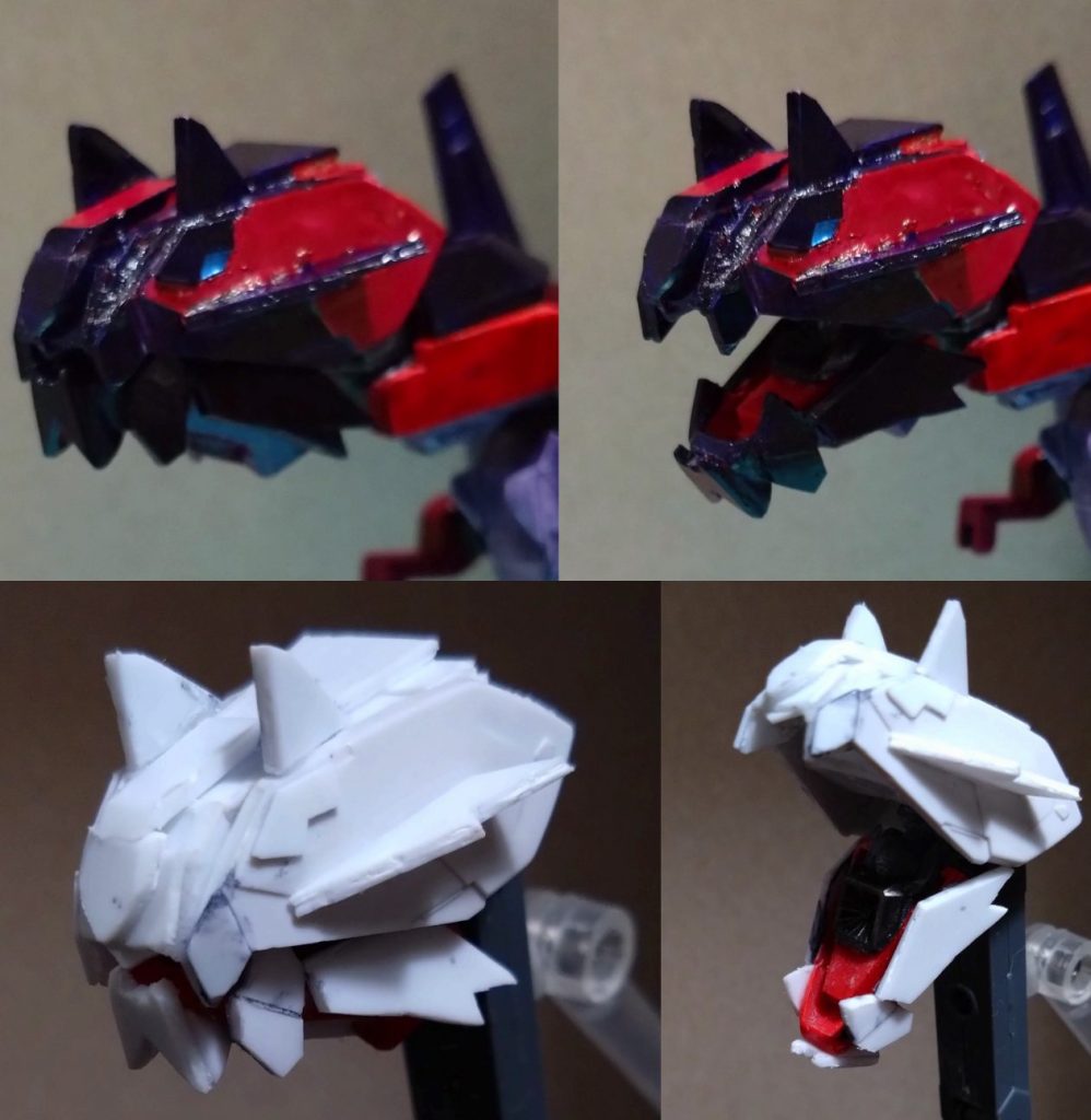 塗装後と塗装前の頭部(珍しく)頑張ったんだ…ほんとにそれっぽくはなってると思います。たぶん。作ってるときずっと頭の中で「灼熱の刃」が流れてました。