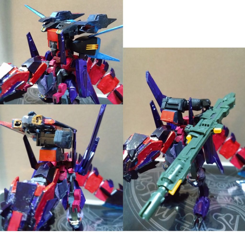 背中に欲望のストライカージョイントつけました(いつもの)右がランチャーストライカーで左上がエールベースのオリジナルストライカーで左下がソードストライカーです。ソードには自作した灼炎のカベイラー風(未完成)をつけてます(想定してなかったのにいい感じに付いた)ストライカーをつけるときは装備に合わせて紫のでかいのが下を向きます。