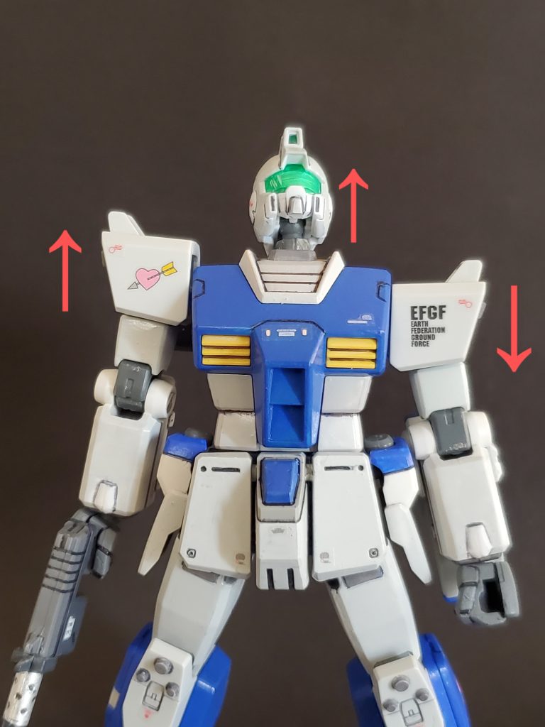 今回の改修の結果、首部分も↕️出来るようになりガンキャノン並みに上を向く事が可能となりました👍✨肩の↕️もご覧の通りこれだけの可動域を得る事が出来ました😎🎶これだけ動くとアクションポーズもカッコ良く決まります😃✌️