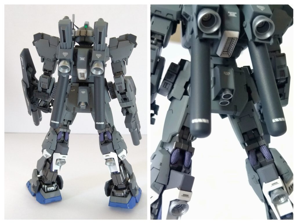 バックパックはプラ板箱組とジャンクパーツ。機動性向上のため腰のバズーカラックはバーニアに変更。ふくらはぎにもバーニアを追加しました。