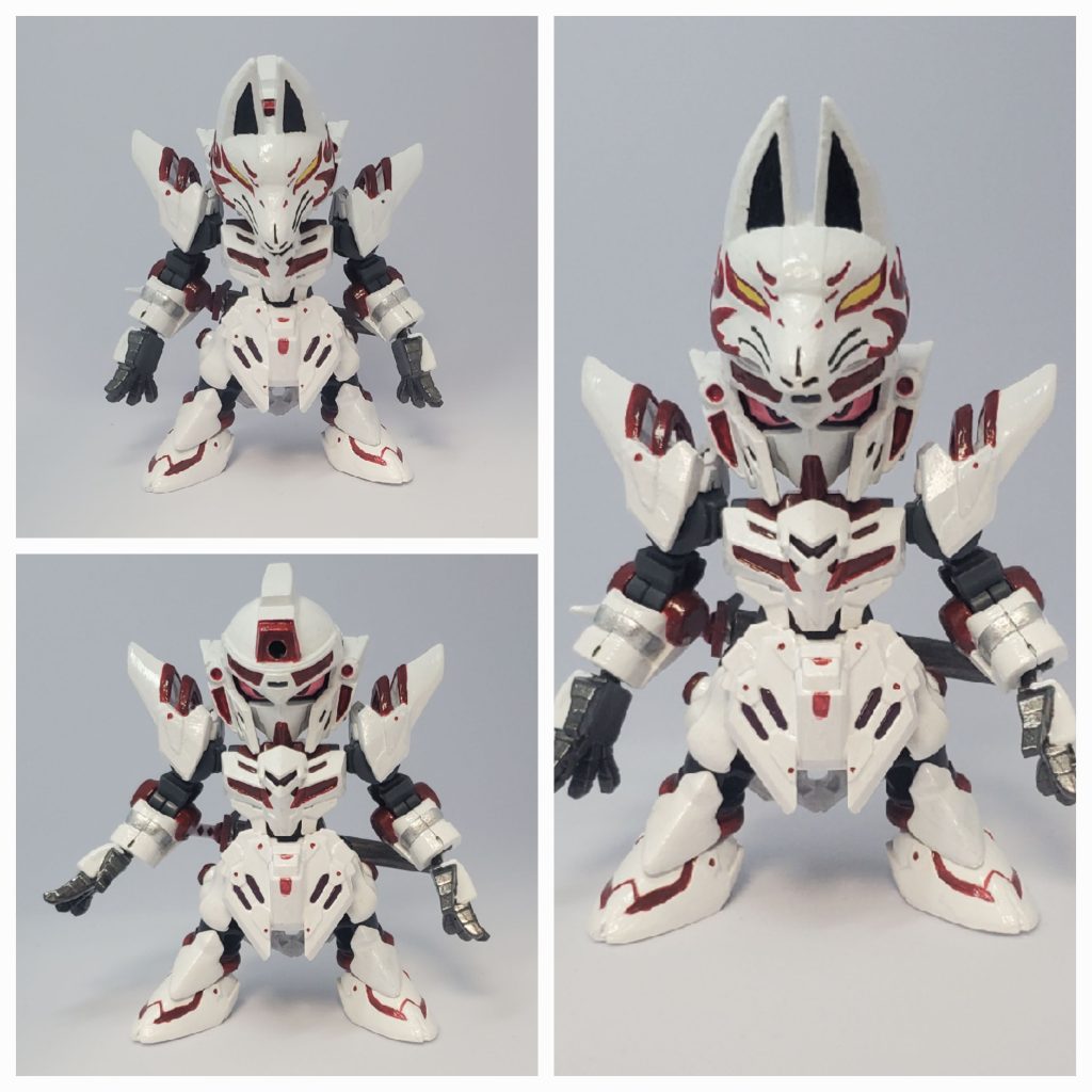 前3種仮面有、無し、ずらし上げです。ガンダムの角、いわゆるアンテナは無いので、仮面が代わりになります。狐面はセンサー類の強化パーツで、暗所でも相手を捕らえることができます。