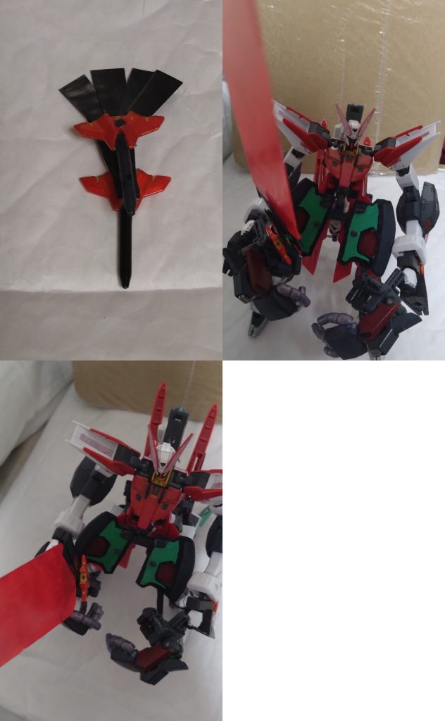 「凄いです!ビームを吸収しましたよ、あの扇子の武器」「確かにそうだな。だが、あのMAは別の攻撃を放つつもりのようだ」 アースがニノにそう話す頃、パトゥーリアは内蔵された大型砲『荷粒子砲』を放とうとしていた。タイラントリベロはこの攻撃もリベロファンで防ぐかと思われたが、今度は2つのリベロファンを連結。それがタイラントリベロの切り札でもあった。 パトゥーリアが攻撃を放った瞬間、タイラントリベロは連結したリベロファンから強大なビームを発射。それがリベロファンの隠された力。そのビームは砲撃ではなく、超巨大なビームソード。00ライザーの『ライザーソード』を遥かに凌駕するそのソードの名は『タイラントソード』、大型MAを戦闘域外から攻撃する為の兵器。ビームの刃の長さは調整可能で、最大出力で地球から月までビームが届く。タイラントソードでパトゥーリアの攻撃は真っ二つ。そのままパトゥーリアごと斬って撃破に成功するのだった…。 「パトゥーリアの撃破を確認。この世界にもう用は無い、帰還する」「待て。あのMAの撃破には感謝する。あのまま、オーブに来ていたら大きな被害が出ていただろう。だが、お前達は何者だ?コピーズ…だったな?それは一体?」「知らない方が幸せ…ということもある。関われば、お前も後戻りできない人生を送るだろう」「確かに、知らない方が良かったと思えることはいくつもある。しかし、俺は…見て見ぬふりはできない!頼む!俺にも協力…いや、共に戦わせてくれ!!」 C.E.の戦いを終えたX(クロス)とニノ。2人はその世界を後にしたが、アース・ザランを連れてトラベラーズに帰還。アース・ザランも新たなメンバーとして迎え入れたのだったーーー『機動時空転移 ガンダムリベロ 第4話:空での出会い-後編-』 今回のストーリーはここまで。続きは次回のお楽しみ。 リベロファンについてですが、この武装は軽くて扱いやすいのが一番のメリット。連結してタイラントソードとしても軽々と扱える。ただ、タイラントソードによるエネルギー消費が早い。ネクサスのアームを装着によってのエネルギー倍増、更にはリベロファンで敵のビームをある程度吸収してから使用する戦法によってエネルギー問題は解決されている。ネクサスアームがない場合、または他の機体がこのソードを使うと即エネルギー切れになるので注意が必要。