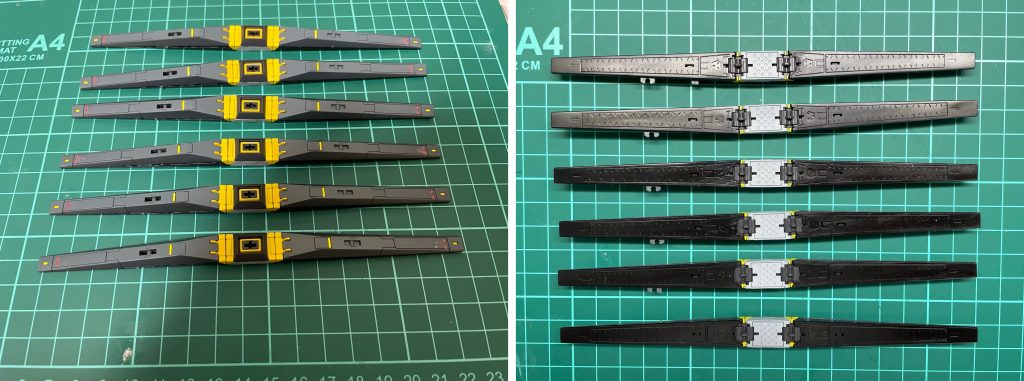 ファンネルは、ランドセルの一部という解釈でランドセルと同色/黒で塗装しました。こちらは、試験的に面を強調する塗り方を試してみてます。(具体的には、上面と側面で色の明るさを変えています。)少し白を入れすぎた感がありますが良い感じに面が強調できたかな…?(角度によっては全くわかりませんが)と思います。差し色にイエローを少々。