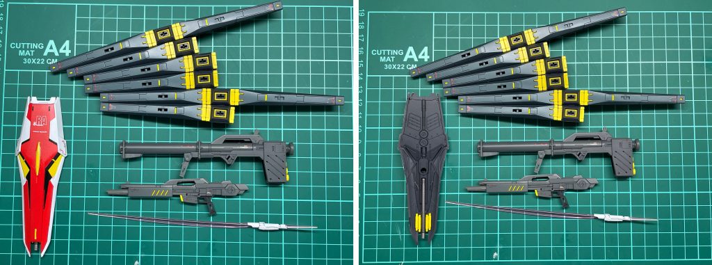 ブキ類は、グレーで。シールドは78ガンダムと同じように塗り分けました。裏側のミサイル的なものは、バズーカの弾頭と同じくイエローで。