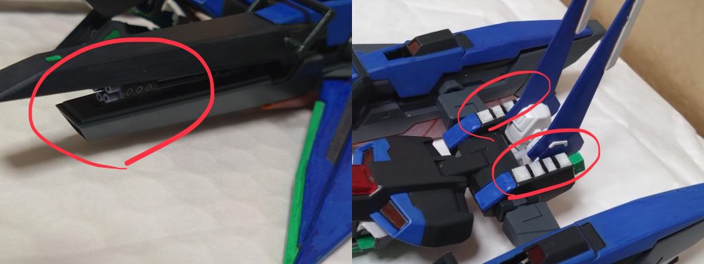 イクシードファイターのGNキャノンは展開すると実弾兵装の『ガトリング砲』が出てくるという設定に。またスラスターを増やし、その付近に全8発発射可能の『ミサイルポット』を装備。通常ミサイルと目眩しのスモーク弾の切り替え、もしくはその両方を同時に発射可能。なぜスモーク弾を装備したかと言うと、それにはこのガンダムリベロのメリットとデメリットにある。様々なタイプになることで超時間に渡るであろう戦闘でも臨機応変に戦えるリベロ。武装もタイプによって変わる為、相手も警戒してしまい、冷静さを失う。しかし、変形に時間が掛かる形態もあり、スモーク弾といった煙幕で可能な限り対策をとる必要がある。乱戦での変形は正直、不向きかもしれない。また一回の戦闘で全ての形態に変形も難しい。やろうとすれば可能だが、その場合機体に大きな負荷が出てしまい、途中で変形不可になる恐れも。その為、一回の戦闘では3つ程の変形・形態を予め考えておいた方が良い…。