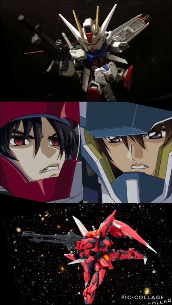 アスラン「やめろ、キラ!」キラ「アスラン!」アスラン「お前がなぜ地球軍にいる?なぜナチュラルの味方をするんだ!?」キラ「僕は地球軍じゃない!けどあの船には仲間が、友達が乗っているんだ!君こそなんでザフトになんか!なんで戦争したりするんだ!!」アスラン「....。」キラ「戦争なんか嫌だって言ってたじゃないか、その君がどうしてコロニーを!」アスラン「状況も解らぬナチュラルどもがこんな物を作るから!」キラ「ヘリオポリスは中立だ、僕だって、なのに...!」イザーク「アスラン!何をモタモタやっている!」アスラン「イザークか!」イザーク「というか、何だそのチンチクリンなストライクは!?アスラン!貴様、なぜツッコみも入れずに普通に戦っているんだ!?」アスラン「くっ...!」イザーク「あんなわかりやすいボケにツッコミもできんとは!なんてザマだ!」キラ「2対1...!!クソ...!」イザーク「アスラン!あのチンチクリンを挟み撃ちにするぞ!」アスラン「...!」キラ「やらせるものか!」イザーク「なんだその攻撃は!そんな弱い威力のビームなぞ効くか!」キラ「攻撃が通じない!?まさか、機体が小さい分、攻撃の威力も半減してるのか!?」イザーク「このチンチクリンが!ちょこまかとー!!逃げの一手かよ!」キラ「小さい分、機動力はあるけど!このままじゃー!」