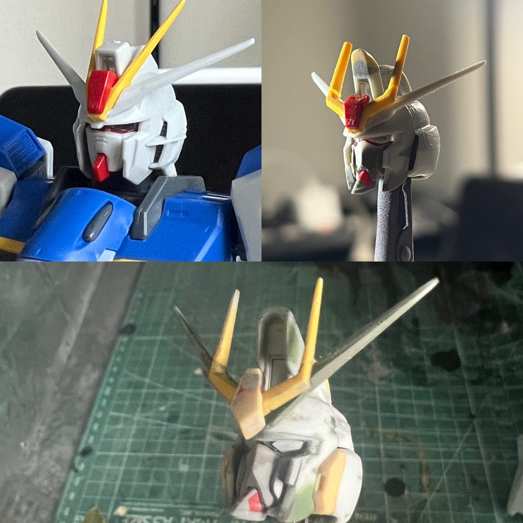 頭部については、ガイアの特徴的なアンテナはランナーから製作しました。各部の変更は基本的にパテとプラ板を使用しました。ツインアイも形状が違かったため、プラ板で製作しています。