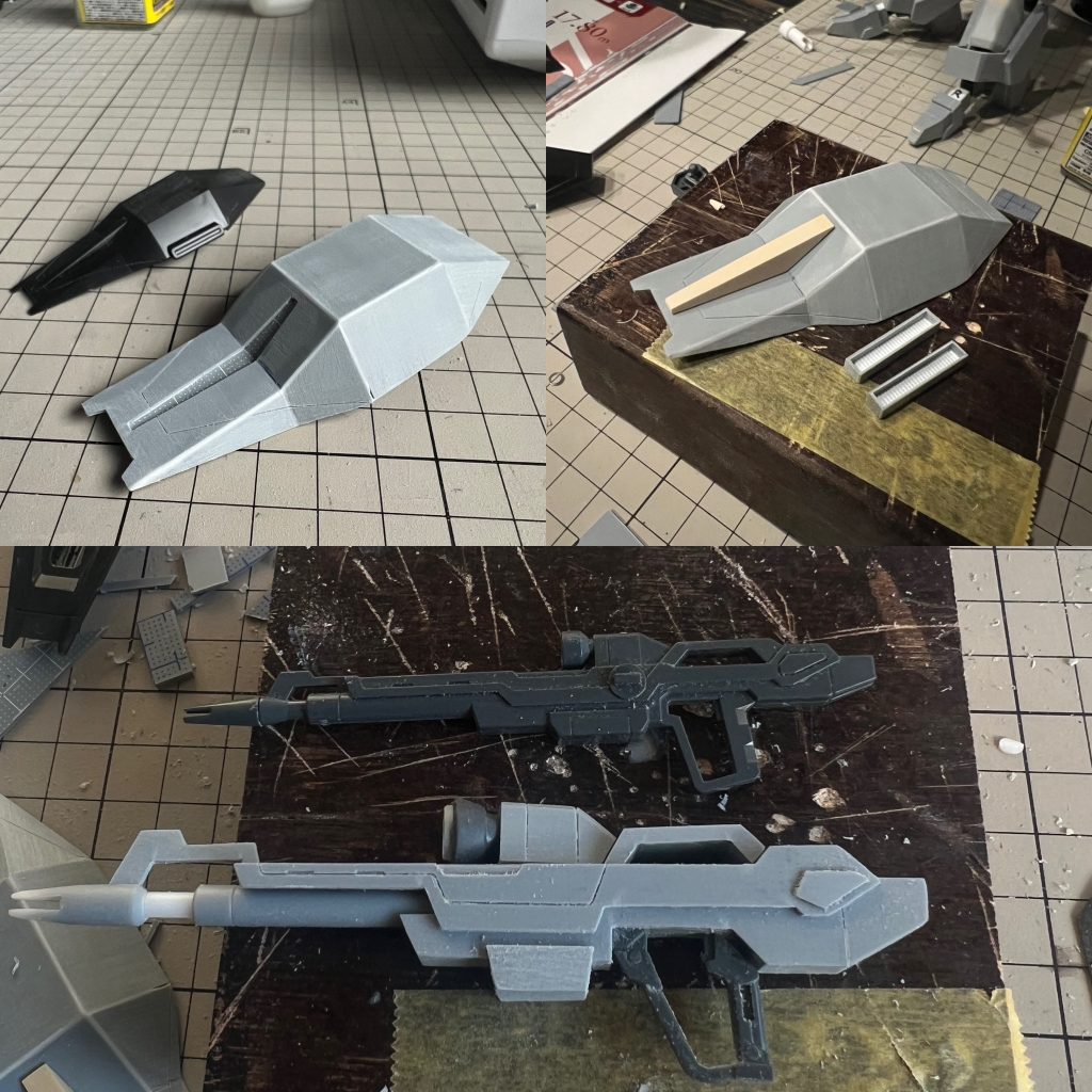 武器類もプラ板、パテにスクラッチが基本です。ライフルのトリガー部分のみキットを使用しました。