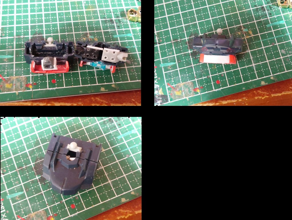 次に胴体 ここにもレゴのジョイントを仕込みますこれで胸から肩の可動範囲がEXSDくらいになりますさらに首の接続もレゴ仕様に、後ろにずらし正面から見たときに小顔風に&首の延長で顎を引けるようにしました胴体自体はジャンクパーツ+プラ板で5mm延長