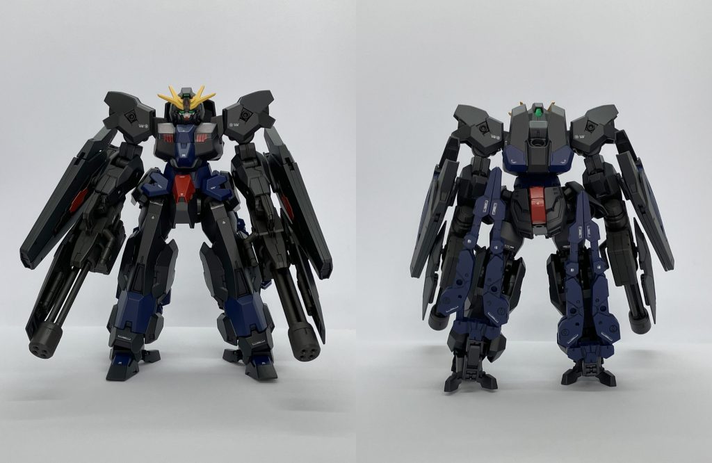 ウルⅡ。回収したルブリスウルを改造した機体。改造箇所は主に腰部、膝・足首、バックパック部分。カラーはティターンズブルー1、2を中心に塗っています。ガトリングは2つ用意していましたが、ドッキング時ゴタゴタしすぎたので外しています。