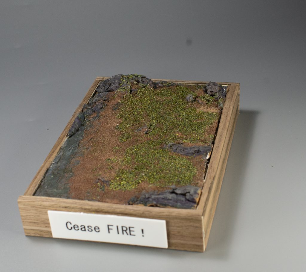 ベースはセリアで買った木箱を元に、コルク樹皮で岩、2種類の土、草などで表現しました。中学以来に久々に作ったベースなので、作ってて楽しかったです