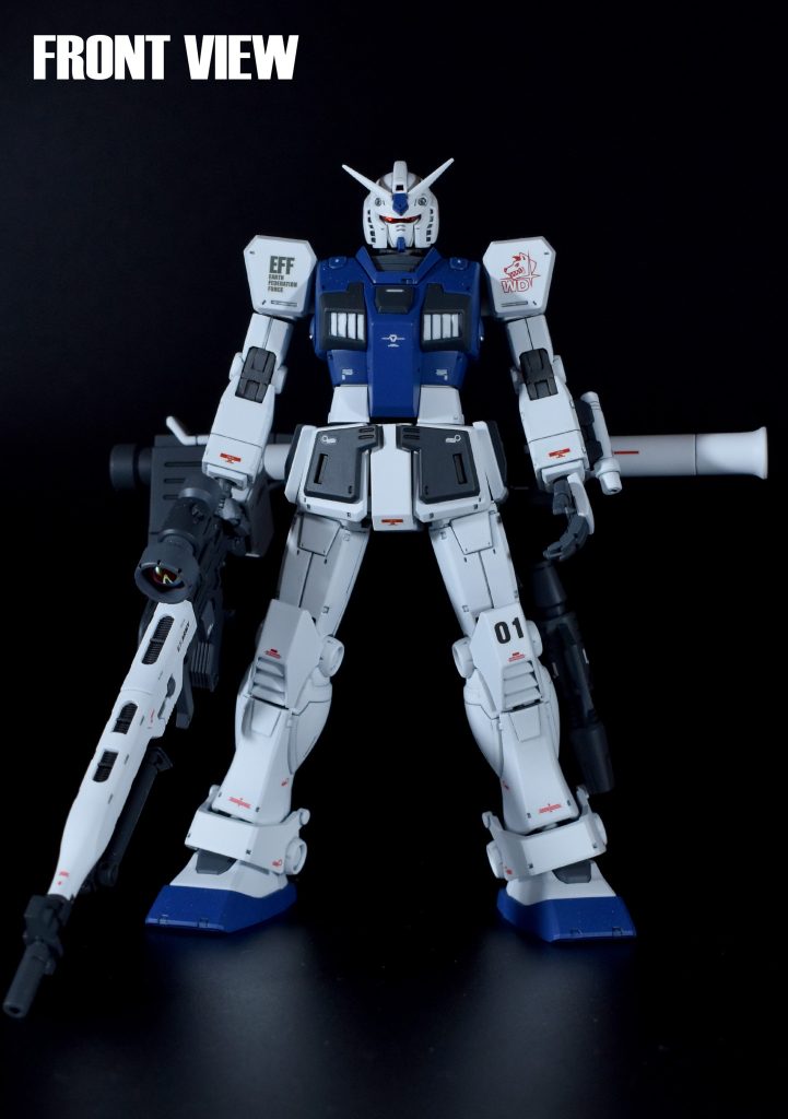 フロントビュージムスナイパーカスタムからの変更点は、頭部を局地型ガンダムに変更。様々な武器を使い分けることからスナイパーライフルとハイパーバズーカを追加。他はモールドの彫り直しのみで形状変更等はありません。