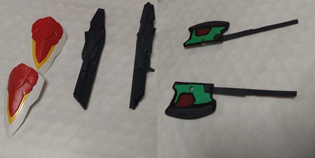 他の装備に、『レギルスシールド』とダブルオースカイの『ロングライフル』、そしてフロントアーマー代わりに装備するオリジナル武装『ロビンホーク』が存在する。『レギルスシールド』は展開することでレギルスビットを射出する。アニメみたいにビットで攻撃、防御ができる。シールドが2枚ある為、ビットの量も2倍出せる。『ロングライフル』は2つ合体することで『ツインロングライフル』となり、威力が倍以上に高まってビームシールドはおろかIフィールドすら貫通する。『ロビンホーク』は長めの斧となっており、しかもシールドとしても使用可能。ビームも防げるが、この武装は物理や実弾に対抗するべく作ったモノ。詳しくは別形態の時に説明します。