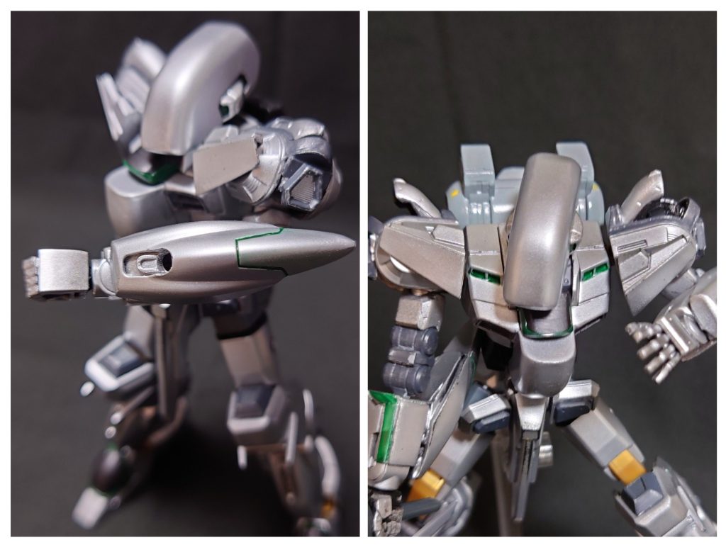 ー腕部・肩部ー 腕部の特徴的な装備は、射撃時の反動相殺及び照準補正機能、防御用の不可視フィールド発生機能を有する。 不可視フィールドは発生形態をコントロールして、攻撃手段としても使用可能。 近接打撃戦も想定した形状と重量になっている。  肩部には展開式のスラスターを配置。 急速な横移動による攻撃回避などを行う。