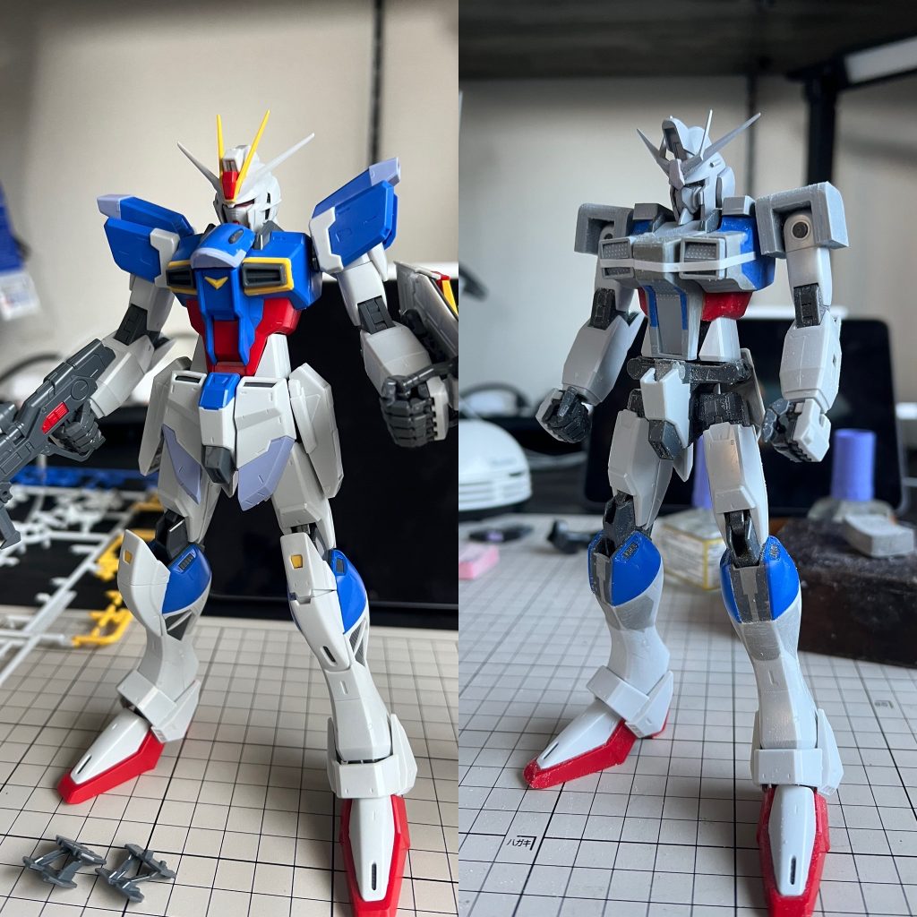 使用キットのMGインパルスガンダム構造上脚部を逆関節に曲げられるため採用しました。ただ各部の形状が当然のことながら違うため、完成までに約5ヶ月という期間を要しました。