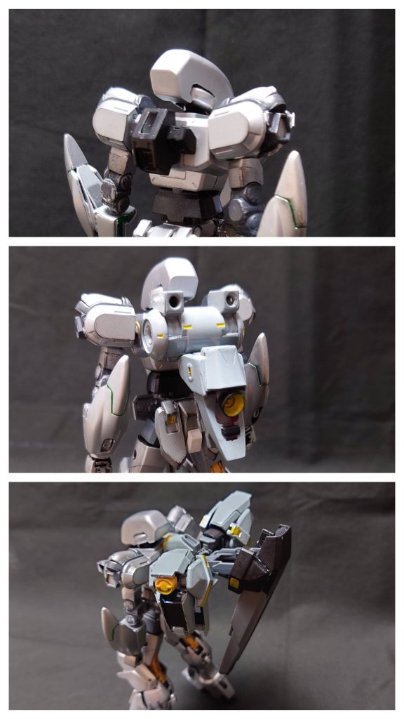 ーバックパックー・軽装バックパック 3機のスラスターを有する。 どのような環境でも安定した性能を発揮する ・重装バックパック 各種武装をマウントした状態での運用が想定されたバックパック。 メインスラスター1つと複数の姿勢制御用スラスターを有する。・高機動バックパック 2つの高出力推進機を有する。 この2つをフレキシブルに可動させる事が可能。 また、ブースターシールドを1つまたは2つ装備する事ができる。 2つ装備した場合、大気圏内での単独飛行が可能。