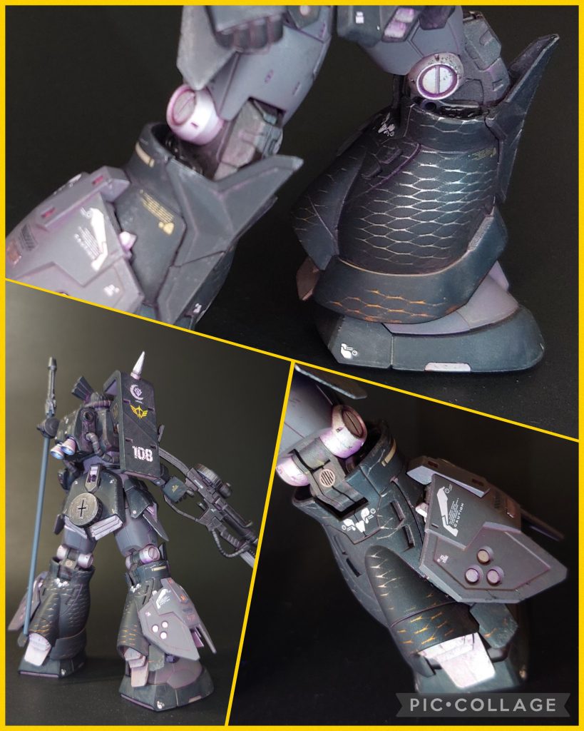 足まわりはウロコ模様塗装がそこそこ上手くいったので気に入っています(他の箇所はあまり上手くいかなかったのです…😅)。なお、下地をスーパーファインシルバーにして、足元付近はクリアーオレンジをなんちゃってグラデーションにし、そこにメインカラーを上塗りして薄っすら変化をつけてみました。