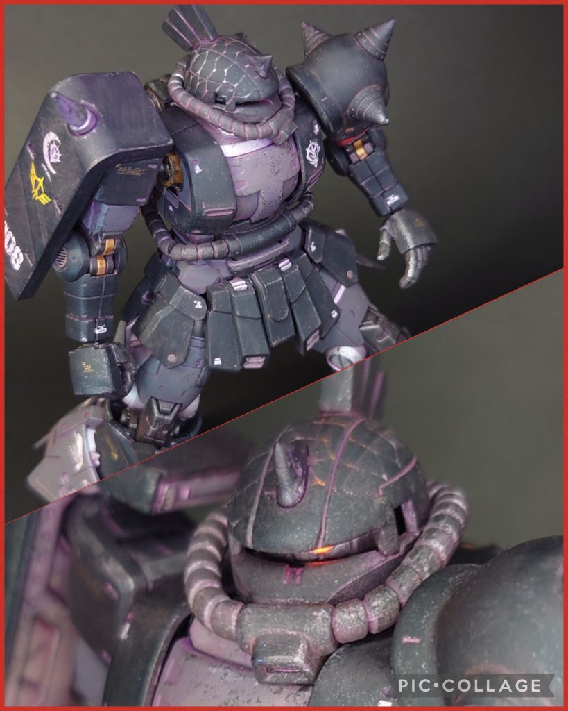 頭部にもウロコ模様塗装を。なお、モノアイスリットは1mm幅詰めしています。そして、キシリア部隊機の特徴となるクレスト(鶏冠)は元々のブレードアンテナを短くして整えました。後頭部、ゲルググ風の鶏冠は何となくノリでつけちゃいました。。😜