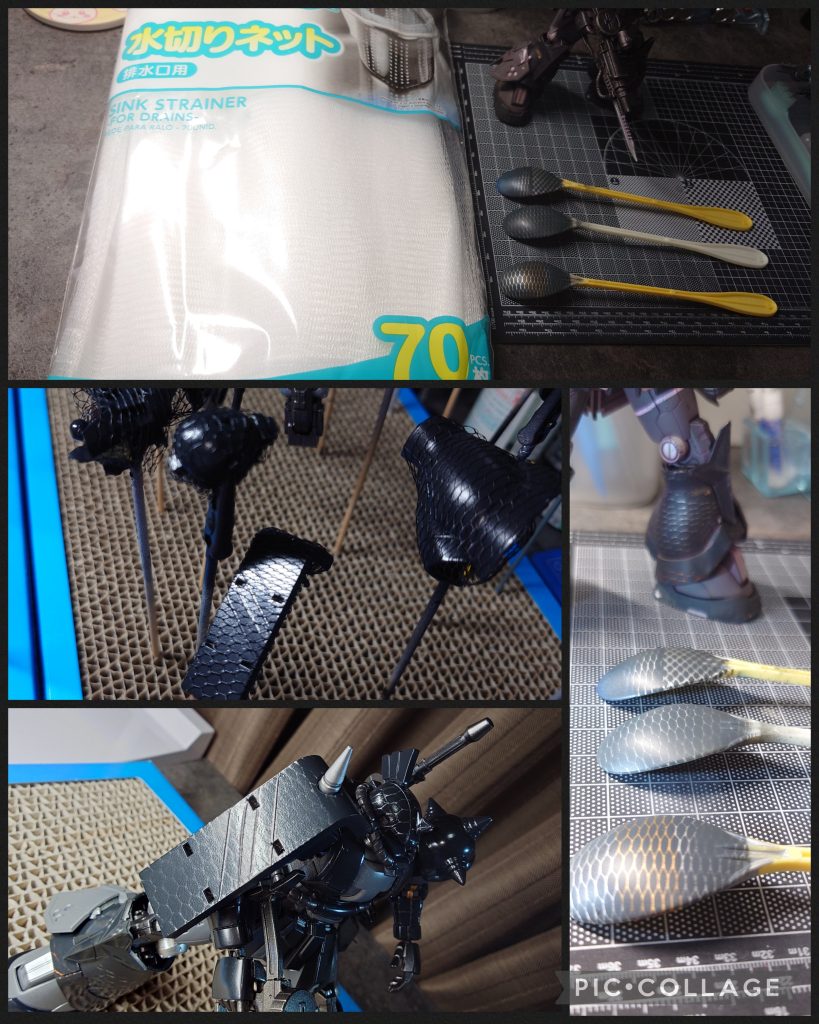 ウロコ模様塗装。100均で水切りネットをいくつか買ってきて選別&スプーンで何度か練習。何とかなりそうと思い、いざ本番!でしたが、上手くいった箇所は全体の半分位でしょうか。。当初はシールドお尻まわりにも薄っすら模様ついたのですが、工程が進むに連れ、そのようなディテールは消えていきました👻💨