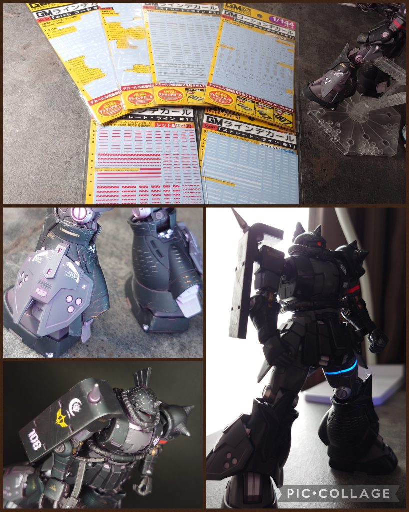 デカールはMYK DESIGNさまの各種デカールを主に足まわりに使いつつ、全体の細かいコーションは付属のものを使用しました。ラインデカールはネオン仕様なのでブラックライトで光ります✨直接ライトを当てなくても暗めの撮影時にブラックライトに反応してキリッと主張してくれるのでありがたいです😎なお、キシリア部隊機らしさ?は右肩シールドまわりに込めたつもりです。白い三日月っぽいディテールのものは元々アナハイムエレクロニクスの円形マークをナイフで調整してそれっぽくしました。よって若干いびつです😅※最終的にチッピングで少し誤魔化しています☺💦