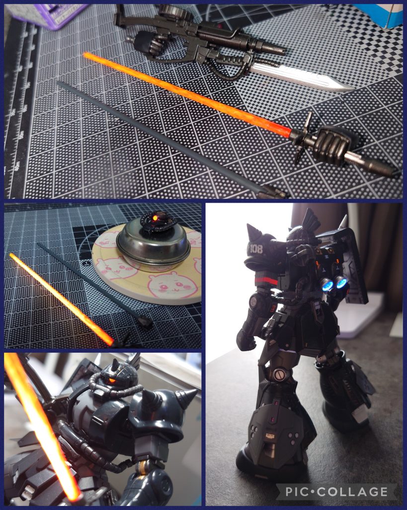 ヒートソードはアクリジョン蛍光カラーのレッドとイエローをランダムに筆塗りです。モノアイはガイア蛍光エナメルのピンク、バーニアはブルーを塗りました。こちらもかなり光ります。