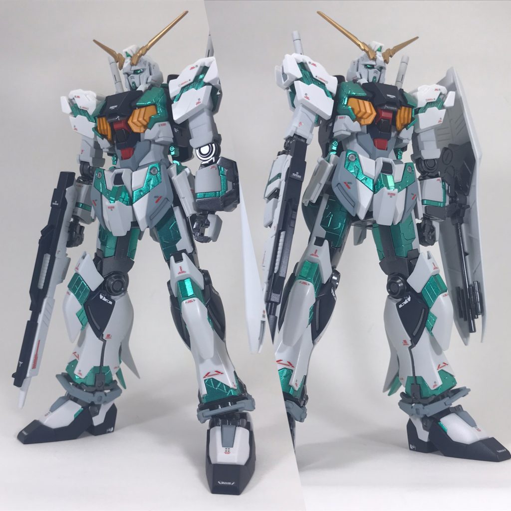 フロントビューです。頭部と肩をユニコーンから流用し、ユニコーンに連なる機体として仕上げてみました。又、サイコレームは最終発光色のグリーン（メタリック）にしてみました。