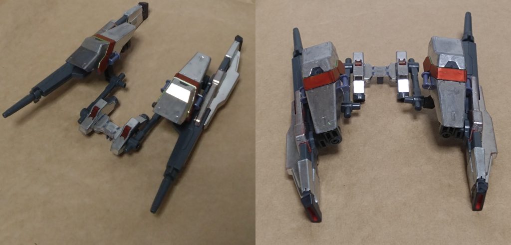 一つ目は『黄昏ストライカー』ツインドッズキャノンを装備する高火力による砲撃向けのユニット。ドッズライフルを外すことで巨大ビームサーベルに。ヤタノカガミが搭載されており、IIセイバーに装着するとヤタノカガミが追加。トランスフェイズシフトとの融合により、防御も強くなる。しかし、火力と防御をメインに考えた為、重量が増してしまってスピードが落ちてしまう欠陥があり、更にはこのストライカー装備での可変は不可能となってしまう。イージスナイトのバックパックにAGE2のダブルバレットを装着させ、そこにスラスターを追加したモノになります。