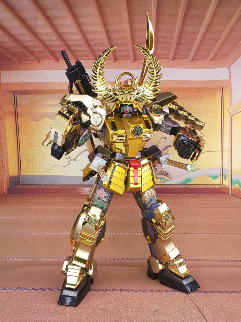 4種のゴールドで塗り分けましたが、メタルゴールドが成型色とあんまり変わらなかった…ゴールドの表現も奥が深いです。二の腕や太ももに使われてるのは和シールというシールで、商品に新規で付いてきた奴ですが、有ると無いとでビックリするほど変わるので良かったです