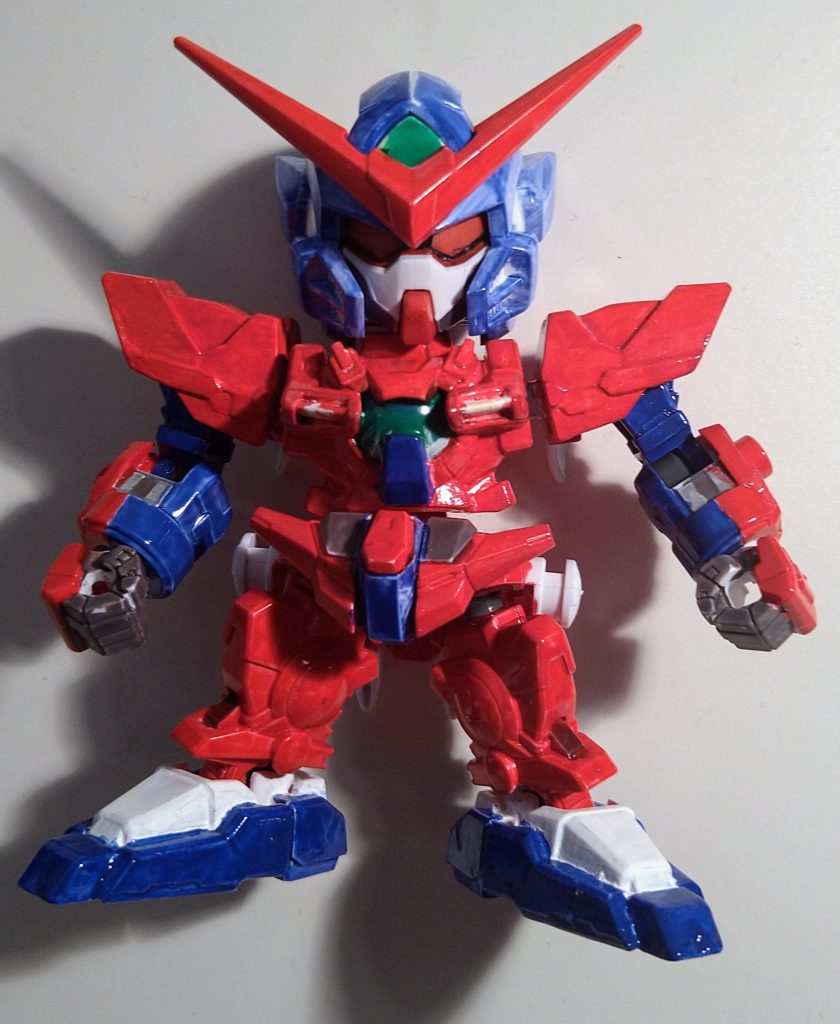 水性ホビーカラーのコバルトブルーとレッドで筆塗りで進めてい行く