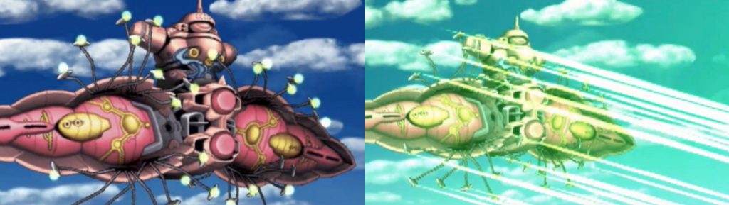 そしてもう一つの特徴、それも前にも紹介した扇子武器の『リベロファン』なのですが……それはストーリーの中で紹介します。 〜ここから『機動時空転移 ガンダムリベロ』の第4話〜前回の続き。C.E.のオーブ近海付近にマルチバースが起き、A.W.のMA『パトゥーリア』が出現。X(クロス)は共に同行したニノと偶然遭遇したIIセイバー(正確にはII薄明セイバー)のアース・ザランと一緒に戦うこととなる。 「アース・ザラン…と言ったか?協力を要請したい」「あぁ、こちらも同じ考えだ。それにしても、あのMAは何だ?お前達は知っているようだが…」「えっと…、それは……」 何と説明すればいいのかが分からないニノ。それもそうだ、いきなりマルチバースやらコピーズなどを話しても簡単に受け入れる訳ではない。X(クロス)は後で説明すると答える一方、パトゥーリアは攻撃開始。多数の『有線ビーム砲』がX(クロス)達を襲う。 リベロとIIセイバーは攻撃を交わしながら反撃。IIセイバーがライフルで攻撃、リベロもストライドリベロのまま応戦。イクシードファイターに乗っているニノも援護しようと、ここでミサイルを発射。しかし、それらのミサイルは全て通常ミサイルではなくスモーク弾。効果は無く、煙幕でパトゥーリアを目眩しした程度。