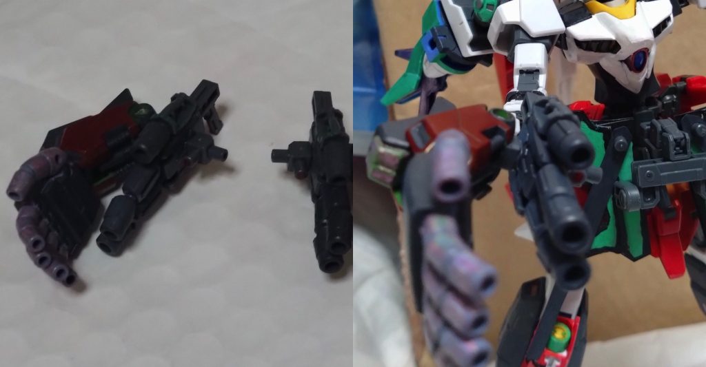 『多種装備ハンドガン』手にもなり、砲撃武装にもなるオリジナル武器。実弾とビーム兵器を装備されており、これ一つで一度に11発もの射撃ができる。つまり2丁で22機の敵を一度に攻撃できるということ。詳しくは別の形態で。