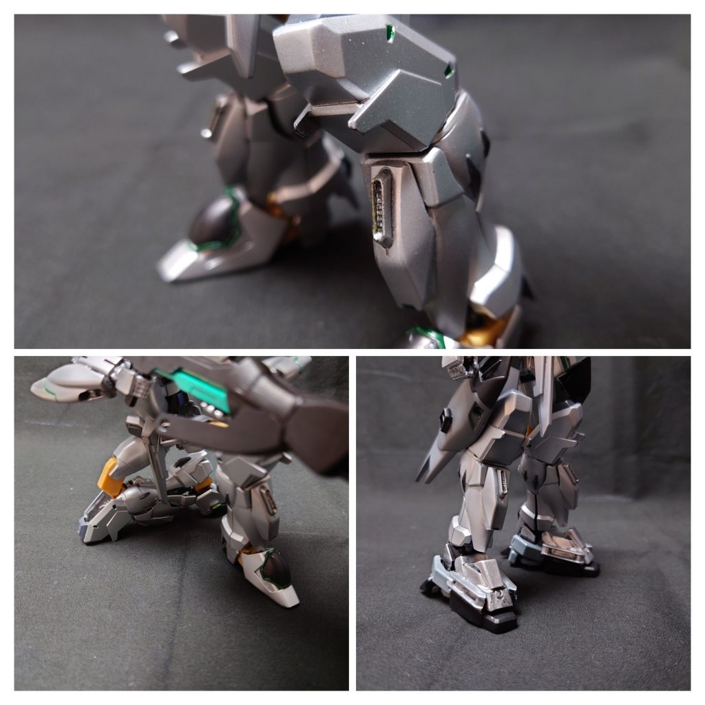 ー脚部ー 運動性を確保するために独立したジェネレータを装備。 膝のスパイクは狙撃姿勢の際に役立つ。 大腿部にスラスターバインダーを装備可能。 靴を履き替えるように足を換装可能。 ホバー用の足は、脚部ジェネレータによって環境問わず安定して動作する。