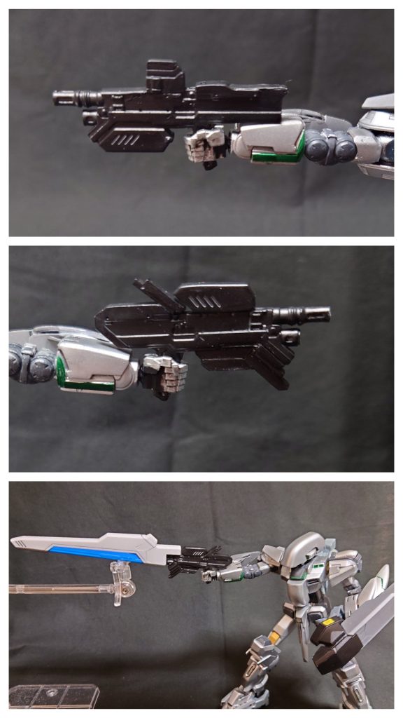 ー武装ー 本機の武装は引き金のない特殊な仕様となっている。 これは、敵に武装を奪取された場合の対策である。・ビームライフル 連射と取り回しの優れたビームライフル。 アタッチメント装着によって火力の向上が可能。・マシンガン 実弾兵装。 銃身下部にグレネードランチャーを装備。