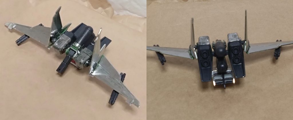 もう一つは『東雲ストライカー』更なる機動性を生み出すスピードタイプのストライカーパック。実はこのストライカーにはNジャマーキャンセラー搭載核エンジンが積んである。これはオーブのセイラン家がロゴスのジブリールを匿う際、彼から裏交渉で手に入れたモノで、かつてセイラン家と繋がりがあった技術者達がその処分を考えていたところ、IIセイバーのストライカー開発に紛れて秘密裏に搭載。ユニウス条約に引っ掛かる案件だが、それは地球連合とプラント間でのこと。核エンジン搭載ストライカーパックを開発したのはオーブの為、これはギリギリセーフとも言え、更にこのストライカーは戦闘用ではなく、あくまで処分目的として考えたモノだと担当開発者はもしバレた際はそう説明する…という設定。このストライカーは多数装備される武装やシステムによるエネルギー問題は解決され、更にはヴォワチュール・リュミエールが使えるようになった。使えなかったヴォワチュール・リュミエールだが、更なる機動力によってスピードが高まり過ぎてしまい、結果としてパイロットが気を失うという問題が発生してしまう…。これはバウのバックパック、そして下部分にスラスターを接着剤でくっ付けたモノになります。また、ウイングにバウのミサイルを6発装備。