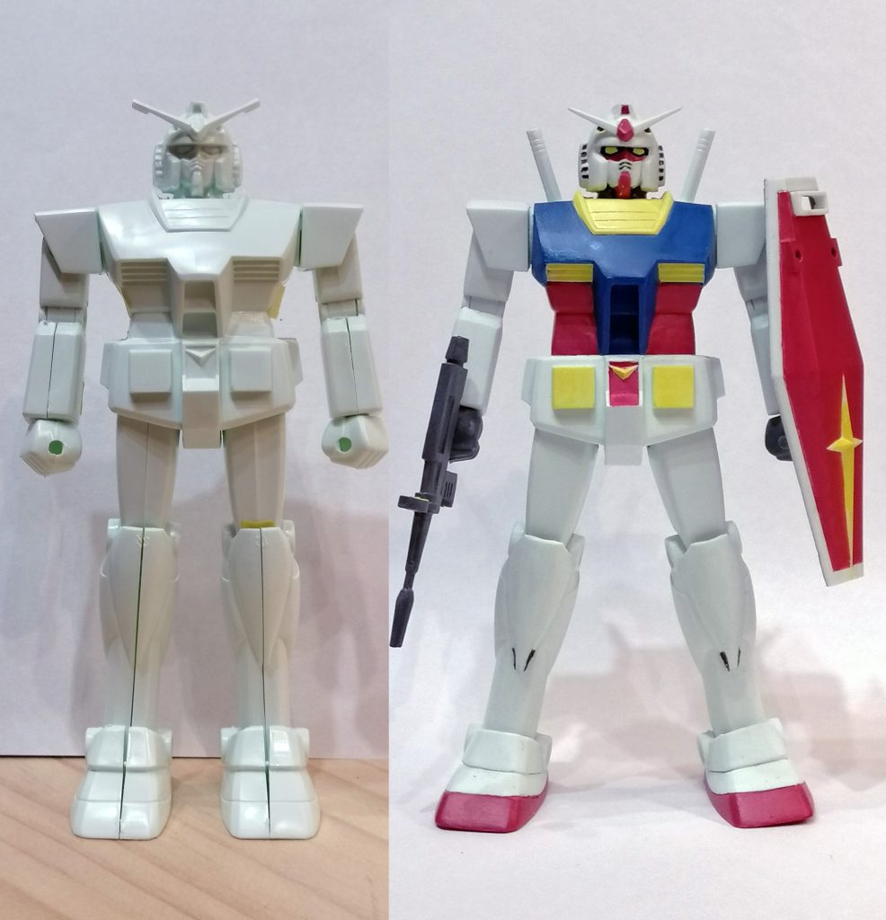 ビフォーアフターです。主役メカだからかガンプラ第一弾?としては気合のはいったデザイン・可動になっていると思いますが、このころのキットはなぜかみんな胸広め&足小さめの逆三角形のシルエットで当時猪木・藤波・タイガーでブームだったプロレスラーっぽい体形をめざしていたのでしょうか?今のガンプラは下から見上げたように頭と上半身が小さく足が大きい三角形のシルエットで巨大感を強調するようなデフォルメがされていると思います。