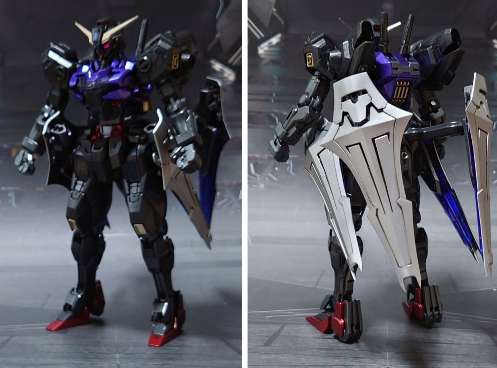 ガンダムセティボスの前後ろ。基本工作として肉抜き穴埋め、各所エッジ尖らせ、市販の金属/プラパーツ貼り付け・埋め込みによるディティールアップと、手首の置き換えを実施しました。