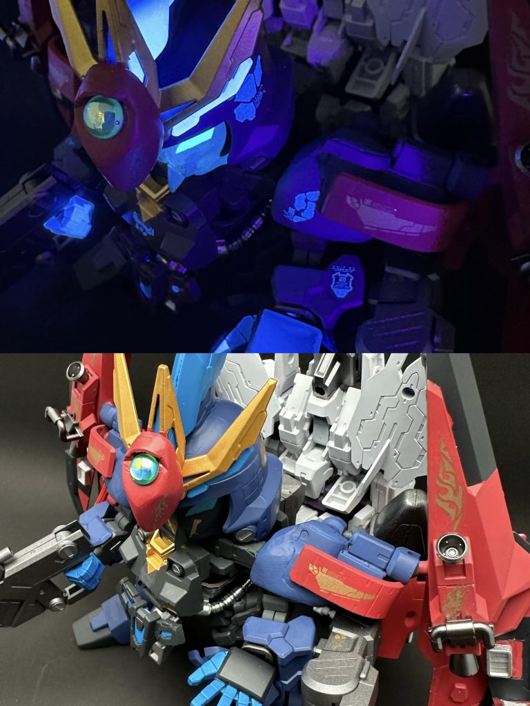 今回、グッドマークデカール の7月の新商品『クリア＆ネオン』のグラフィック・アーマー#1を早速使用させて頂いております。普段は見えないが、ブラックライトを当てると、各所に青い模様が浮かび上がります。