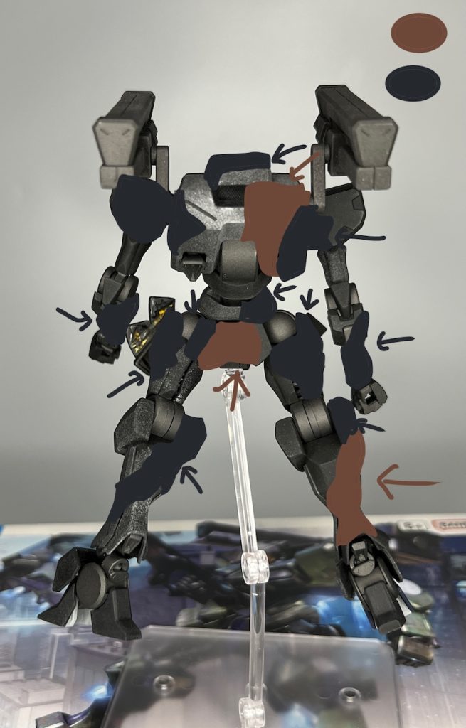 背面。バックパックも外装と一体化しているので迷彩設定にしたため、迷彩部分が結構な面積を占めることになりました。