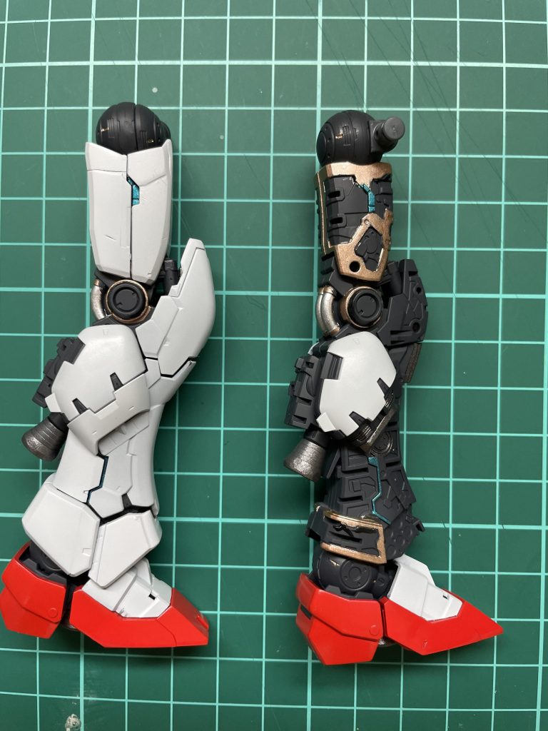 いつも仮組みをせずにそれぞれのパートを仕上げてから組み立てるスタイルなのですが、内部フレームにサイコフレーム表現と差し色がてらに塗った青竹色が装甲の隙間から絶妙にチラリズムしていて「おお!」ってなりました。(笑)